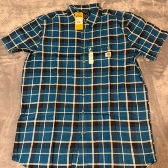 Carhartt Other - Carhartt Mens Rugged Flex Relaxed Fit Plaid Short Sleeve Shirt Blue L Tall NEW